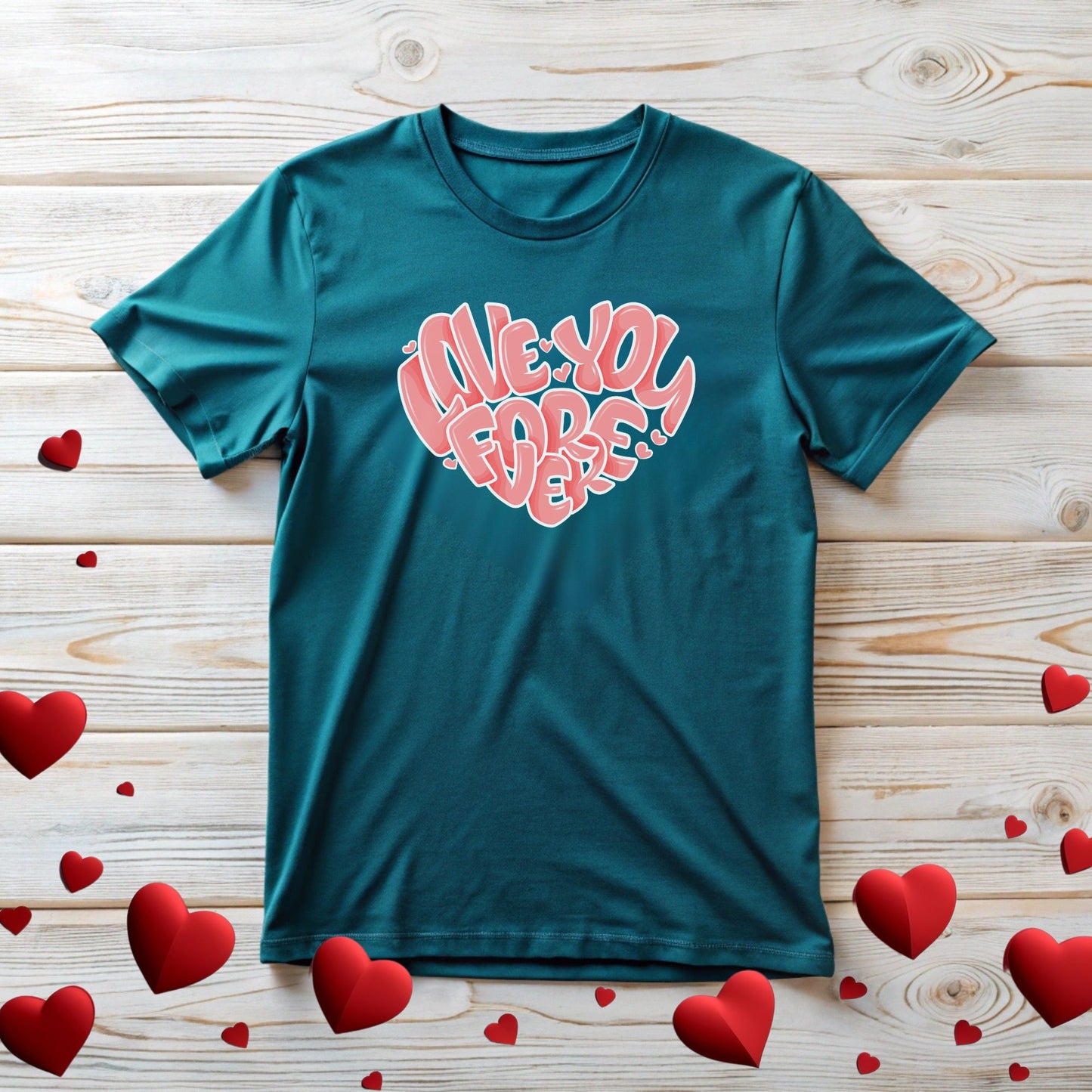 Heart Pattern Unisex Tee with 'Love You Forever' Slogan