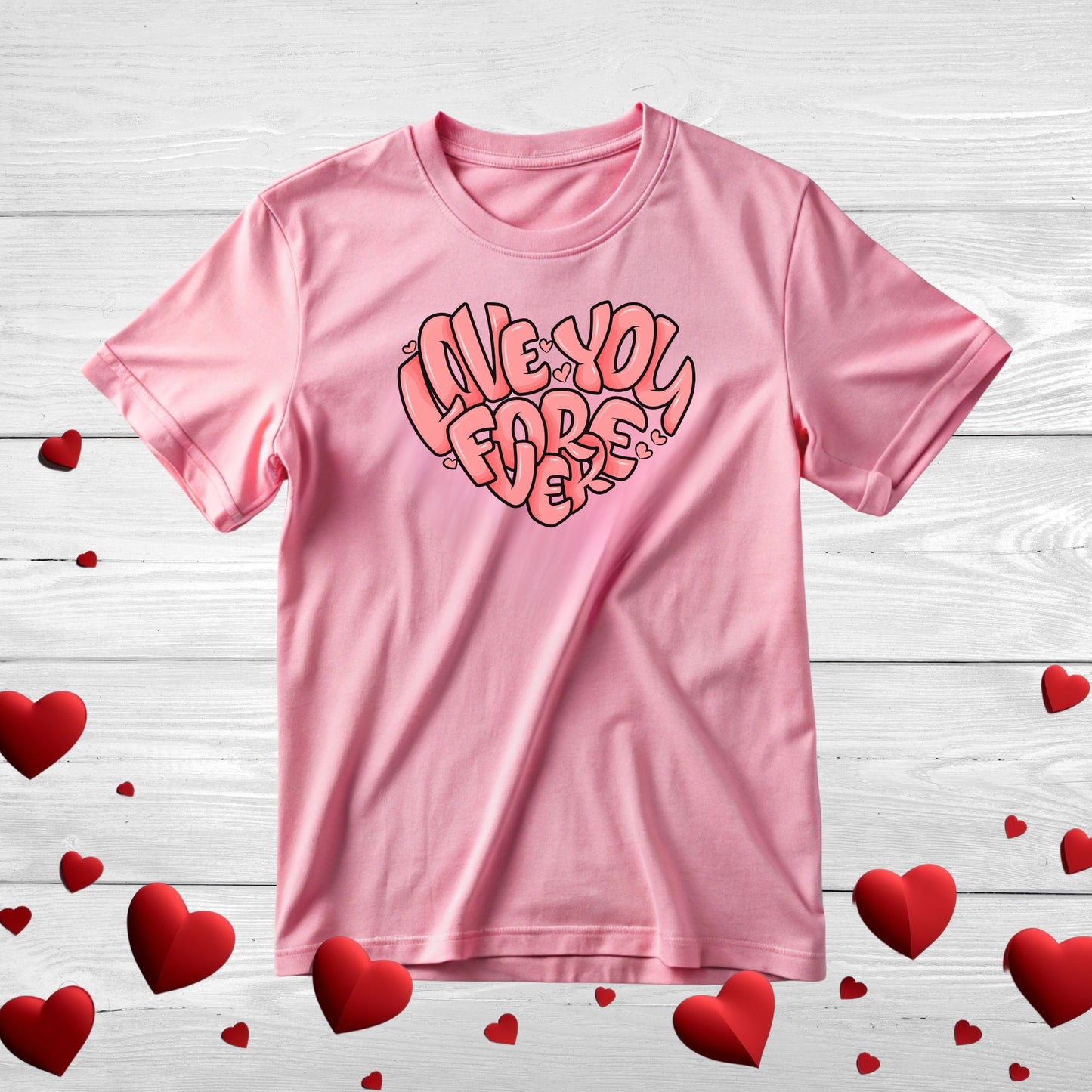 Heart Pattern Unisex Tee with 'Love You Forever' Slogan