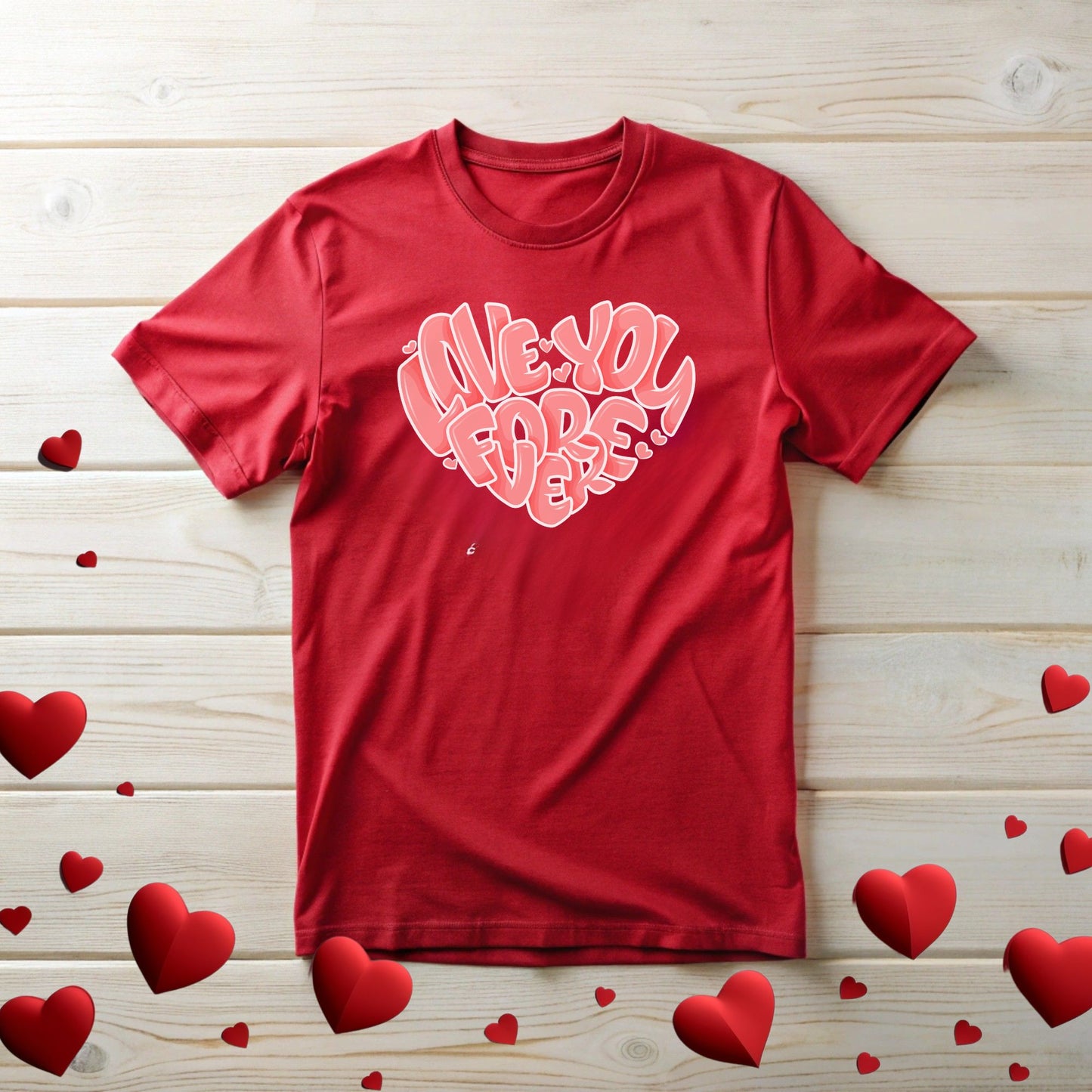 Heart Pattern Unisex Tee with 'Love You Forever' Slogan