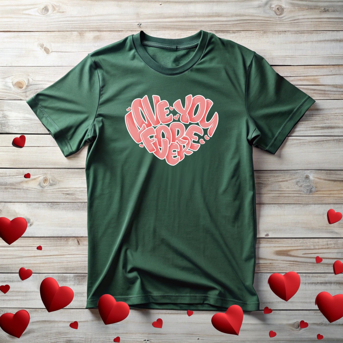 Heart Pattern Unisex Tee with 'Love You Forever' Slogan