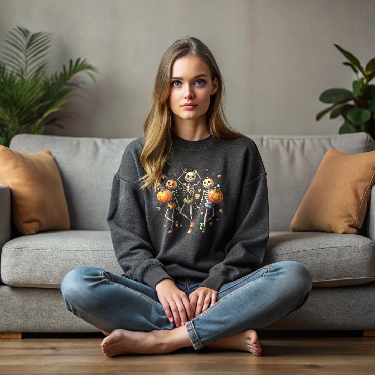 Skeleton Halloween Sweatshirt with Pumpkin head