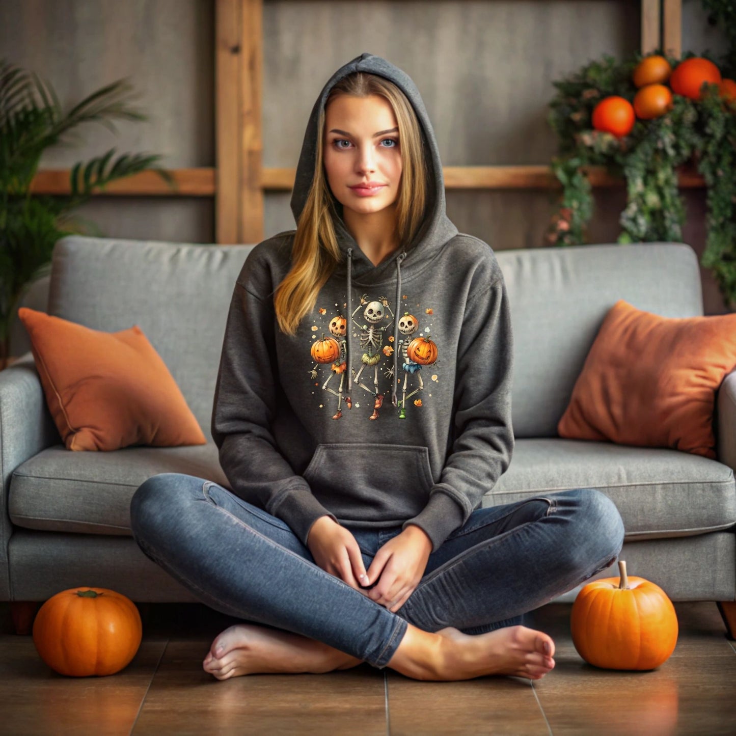 Skeleton Halloween Hooded Sweatshirt with Pumpkin Head