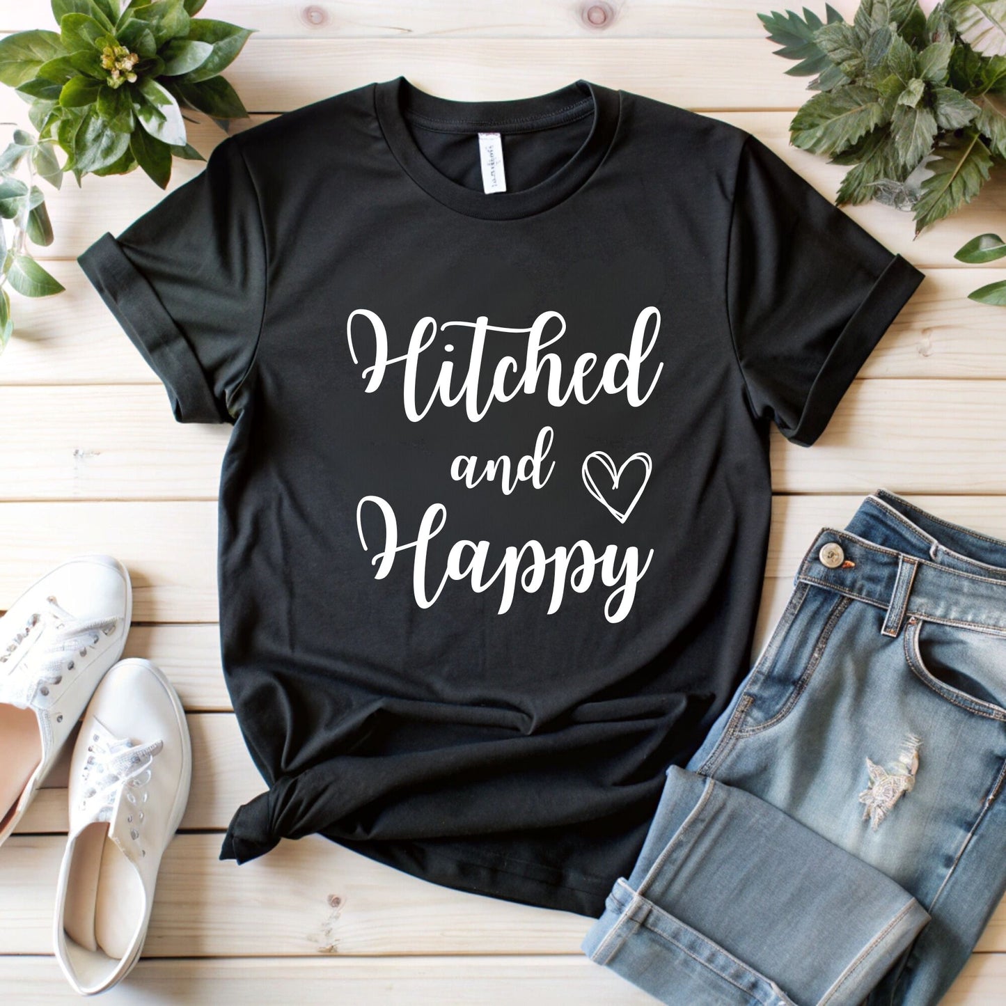 Hitched and Happy T-Shirt - Fun Honeymoon Wear