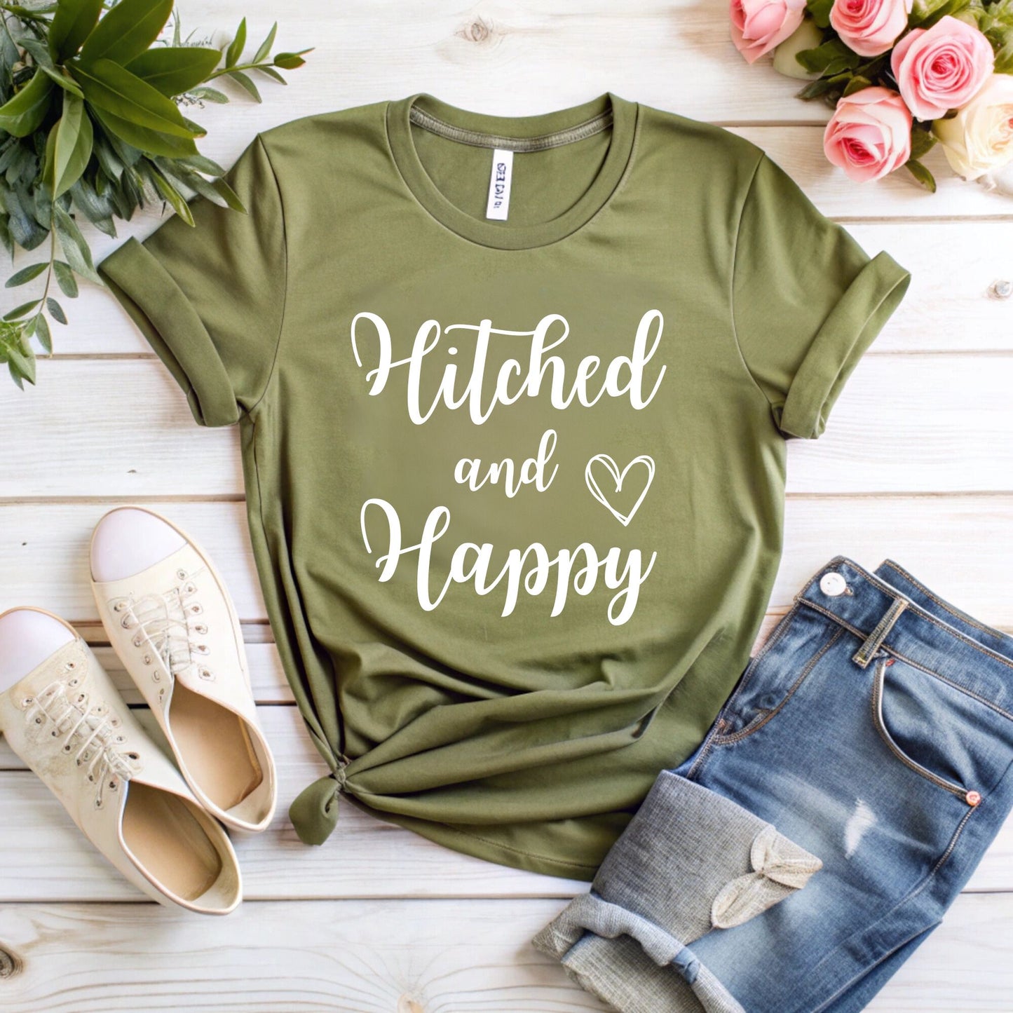 Hitched and Happy T-Shirt - Fun Honeymoon Wear