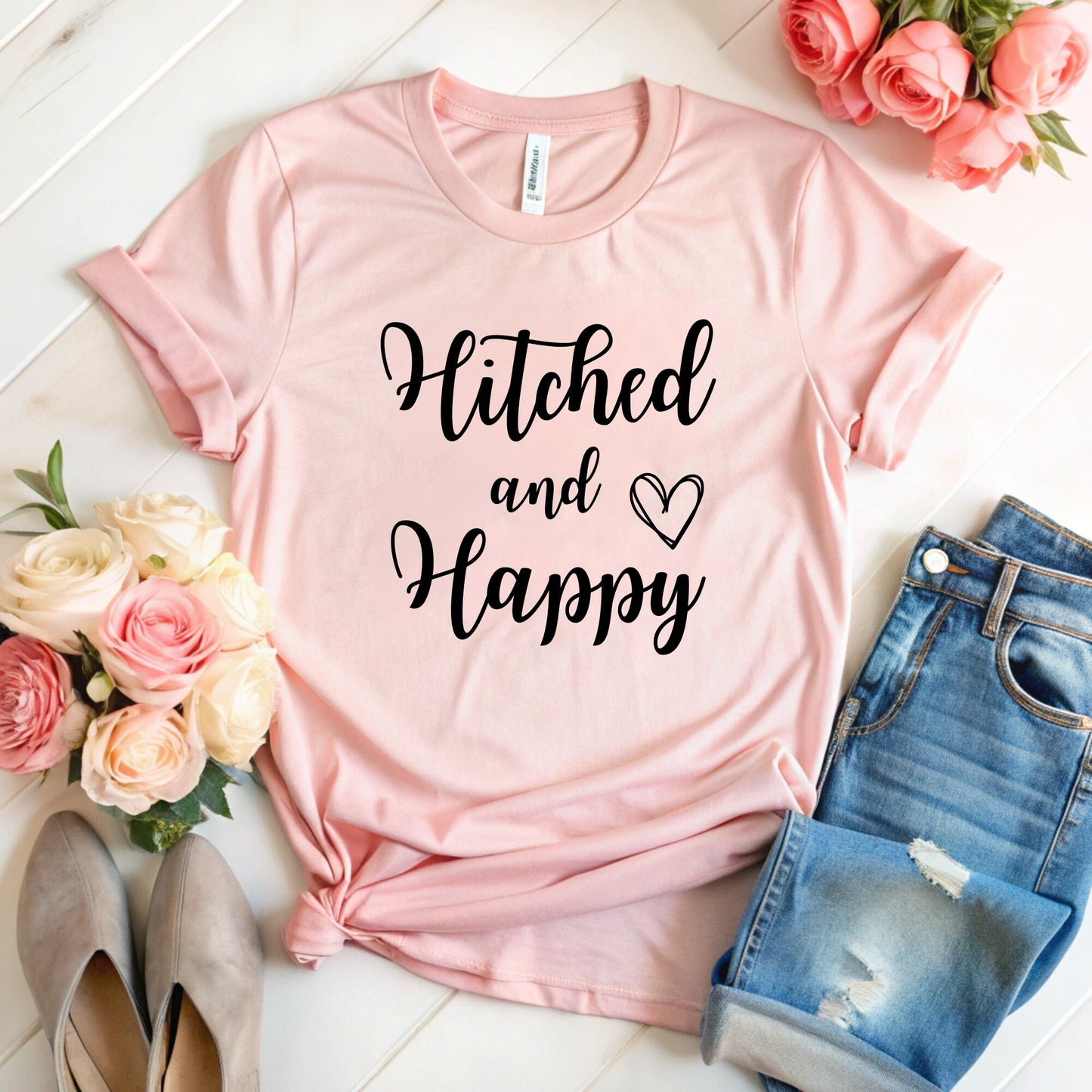 Hitched and Happy T-Shirt - Fun Honeymoon Wear