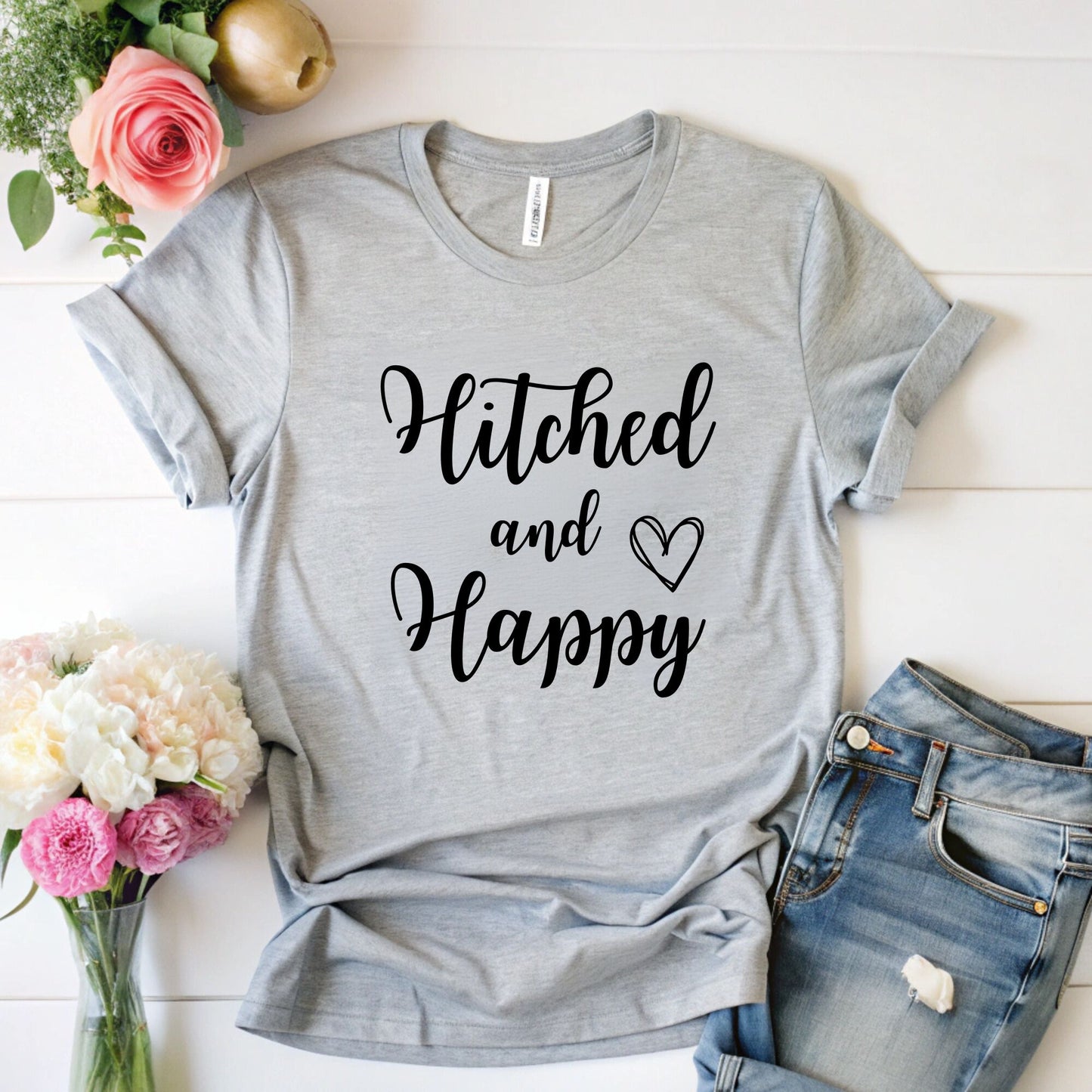 Hitched and Happy T-Shirt - Fun Honeymoon Wear