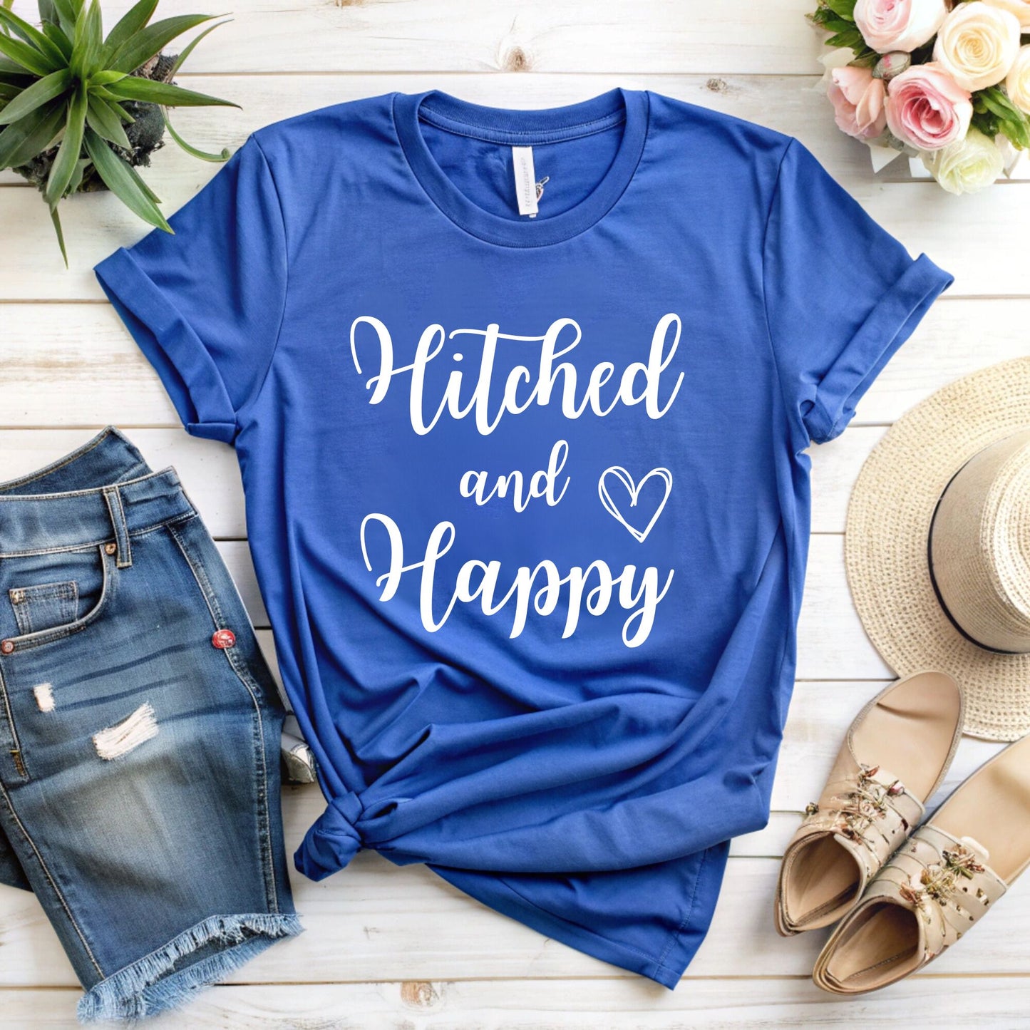 Hitched and Happy T-Shirt - Fun Honeymoon Wear