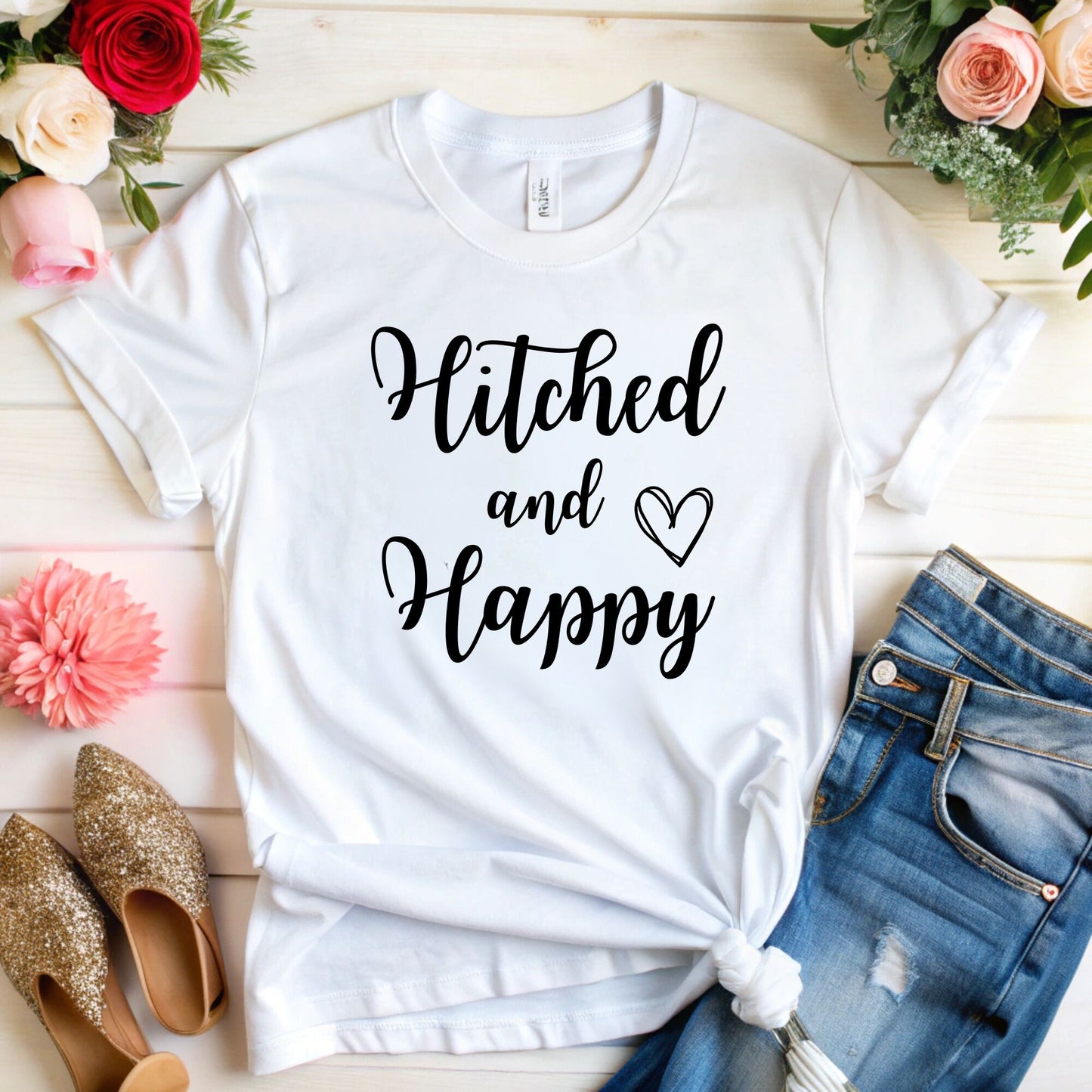 Hitched and Happy T-Shirt - Fun Honeymoon Wear