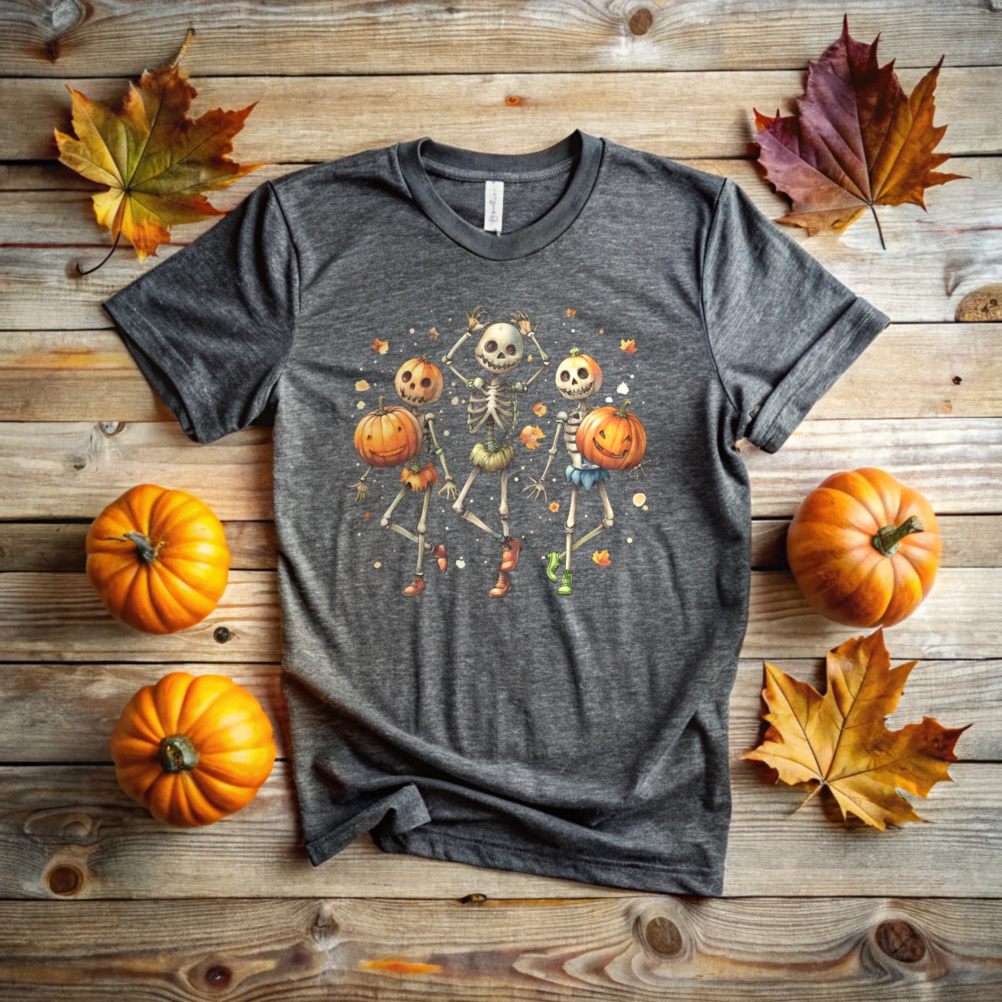 Skeleton Halloween Tshirt with Pumpkin Head