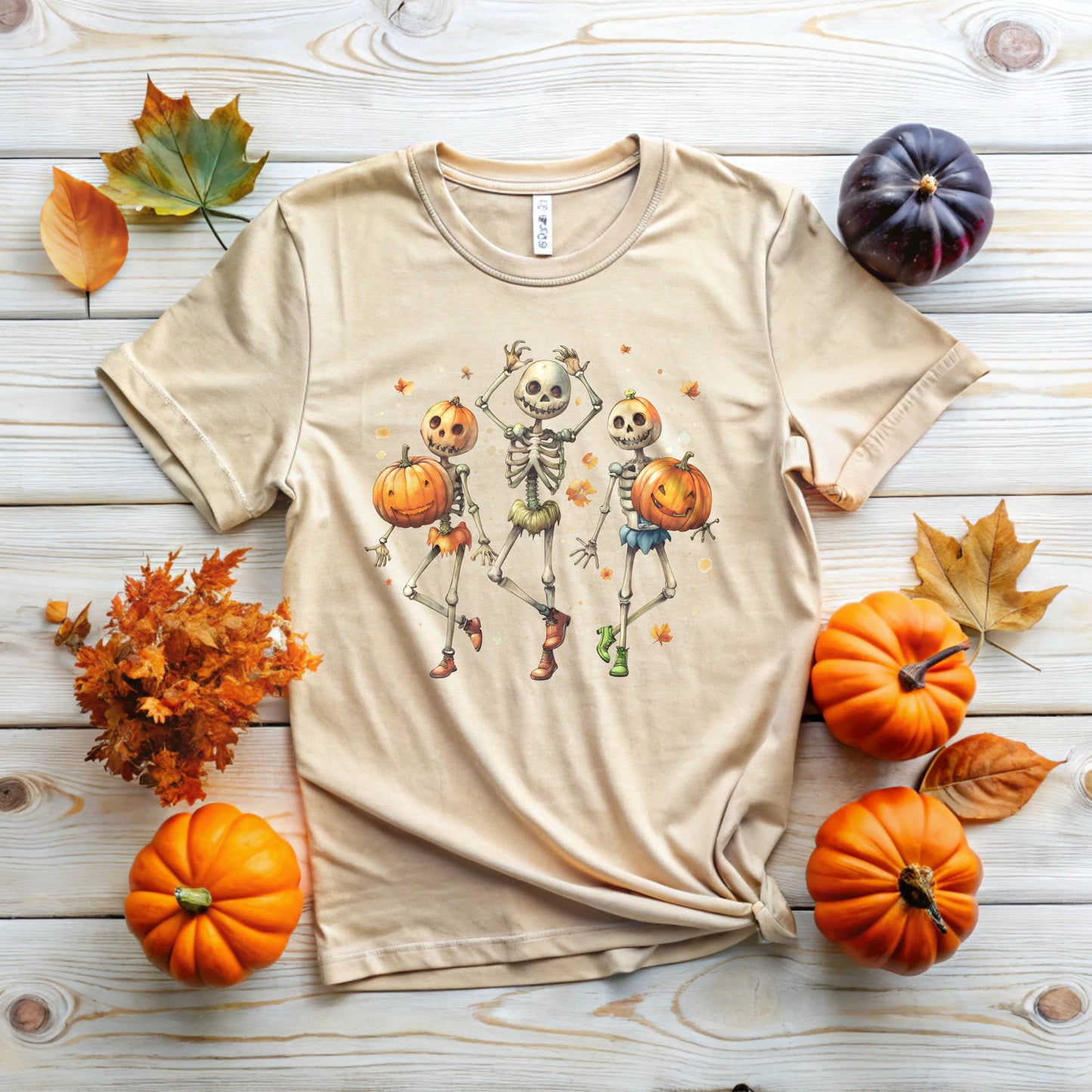 Skeleton Halloween Tshirt with Pumpkin Head