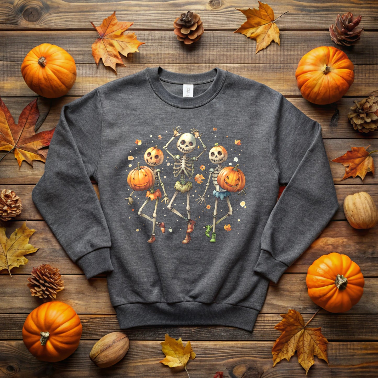Skeleton Halloween Sweatshirt with Pumpkin head
