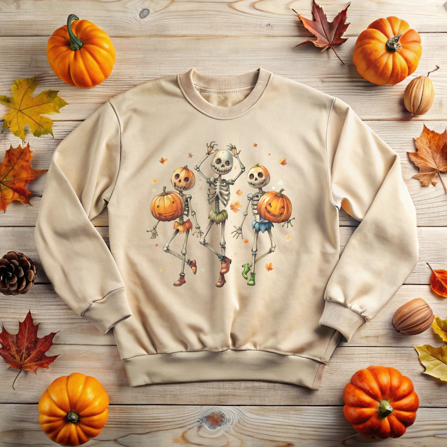 Skeleton Halloween Sweatshirt with Pumpkin head
