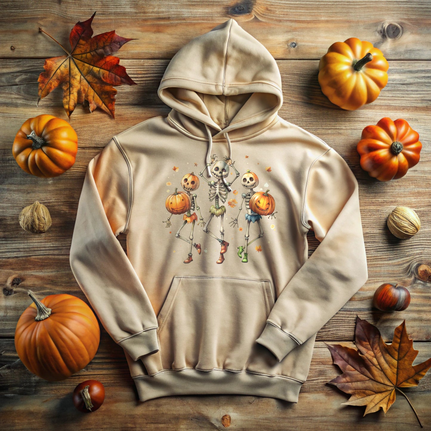 Skeleton Halloween Hooded Sweatshirt with Pumpkin Head